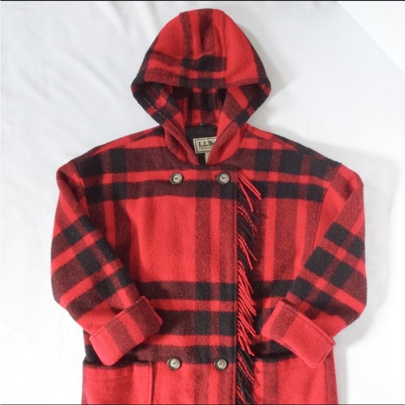 Vintage LL Bean Red Plaid Hooded Wool Coat with Fringe - Picture 1 of 10